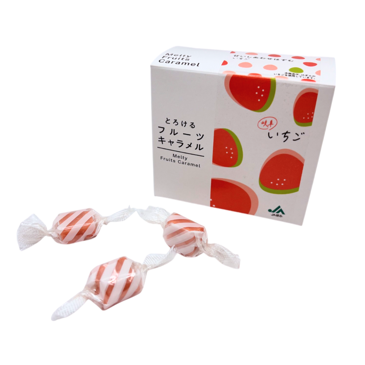NANIWA SEIKA Melty Fruit Caramel pack and wrapped candies with strawberry design.