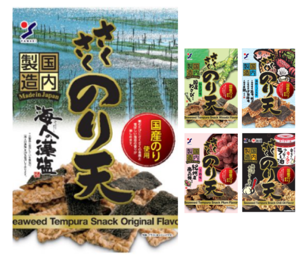 Crunchy Nori-ten seaweed tempura snack packaging in various flavors, highlighting original, wasabi, seafood mix, plum, and chili oil options.