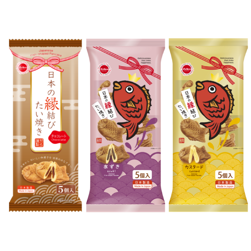 Japanese 'Enmusubi' Taiyaki 5 pieces in chocolate, azuki, and custard flavors - packaged with traditional design.