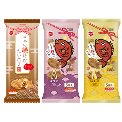 Japanese 'Enmusubi' Taiyaki 5 pieces in chocolate, azuki, and custard flavors - packaged with traditional design.