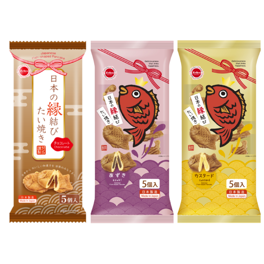 Japanese 'Enmusubi' Taiyaki 5 pieces in chocolate, azuki, and custard flavors - packaged with traditional design.